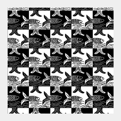 Tribal Black And White Checkered Fish Pattern Square Art Prints