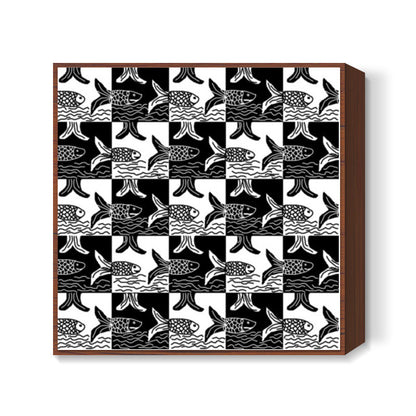 Black And White Tessellation Fish Pattern Square Art Prints