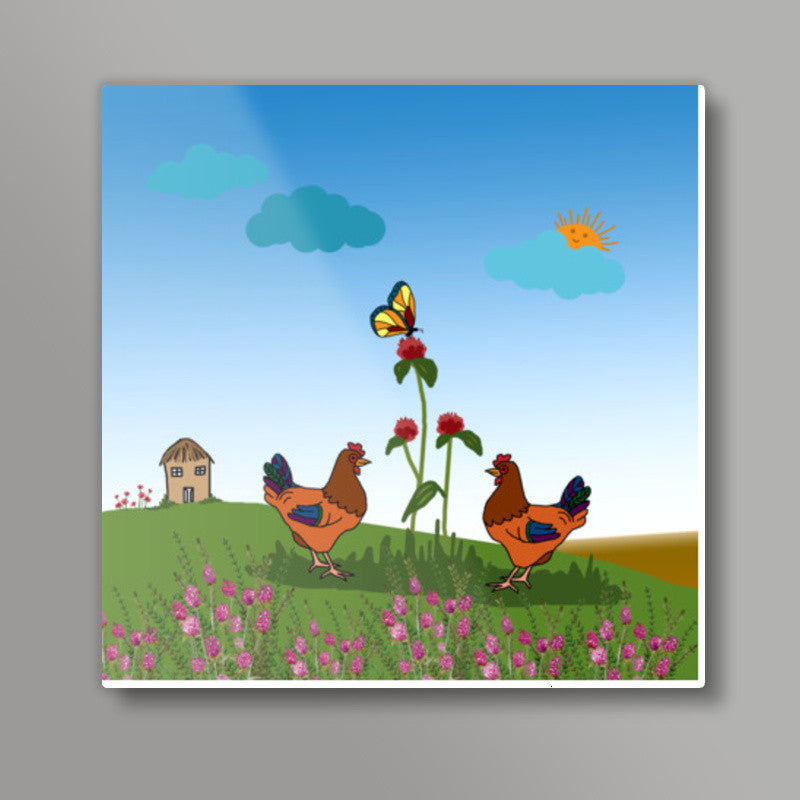 Two Hen Chicken Bird Art Kids/Children Nursery Decor Poster Illustration Square Art Prints