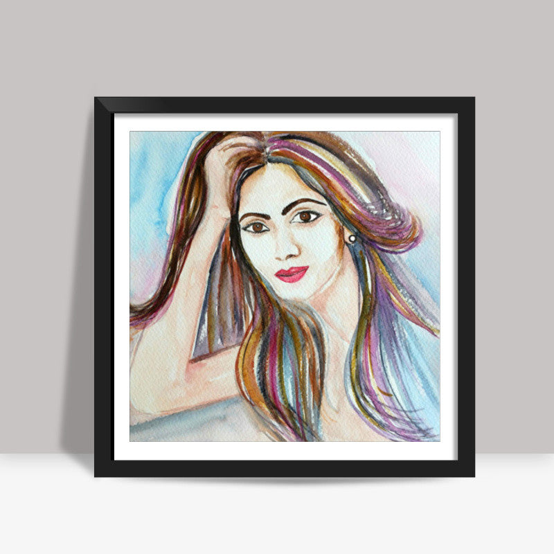 Beautiful Woman Face Hand painted Watercolor Fashion Illustration Square Art Prints