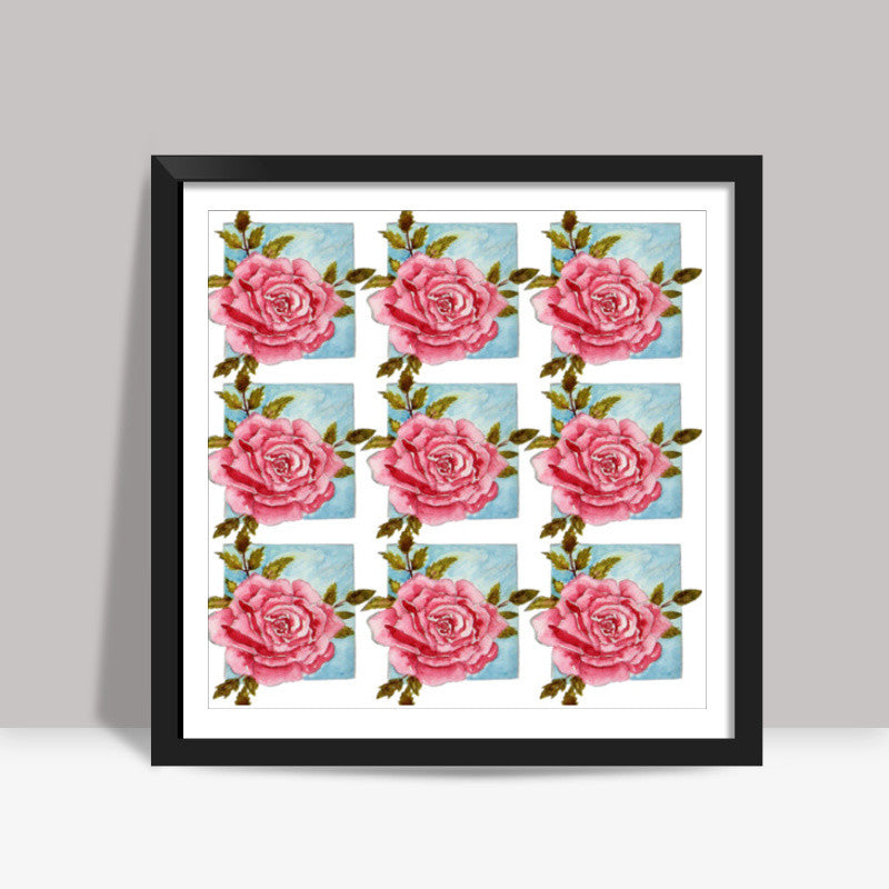 Pink Rose Flower Spring Watercolor Painted  Square Art Prints