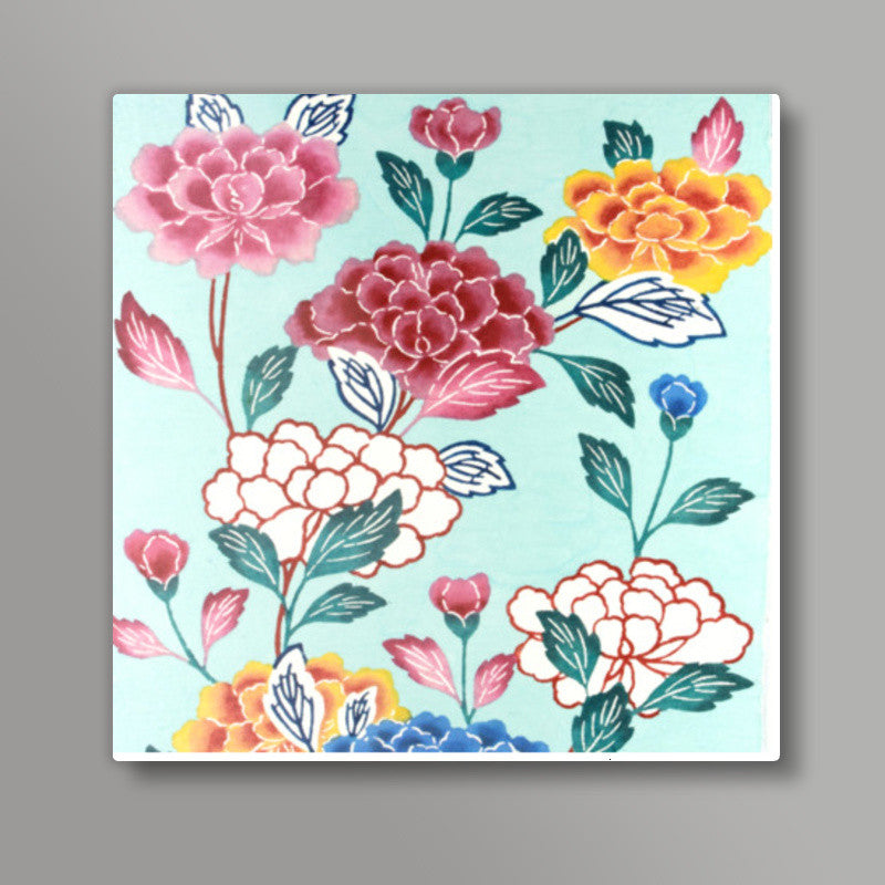 Bingata Panel with Tree Peonies by Mrs. Teruyo Shinohara and her pupils | Vintage Painting Square Art Prints