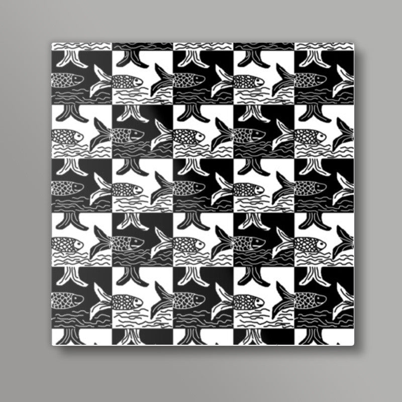 Tribal Black And White Checkered Fish Pattern Square Art Prints