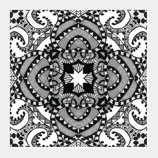 Black And White Ethnic Ornate Decorative Doodle Background Square Art Prints