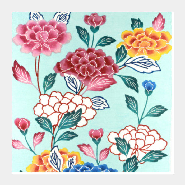 Bingata Panel with Tree Peonies by Mrs. Teruyo Shinohara and her pupils | Vintage Painting Square Art Prints