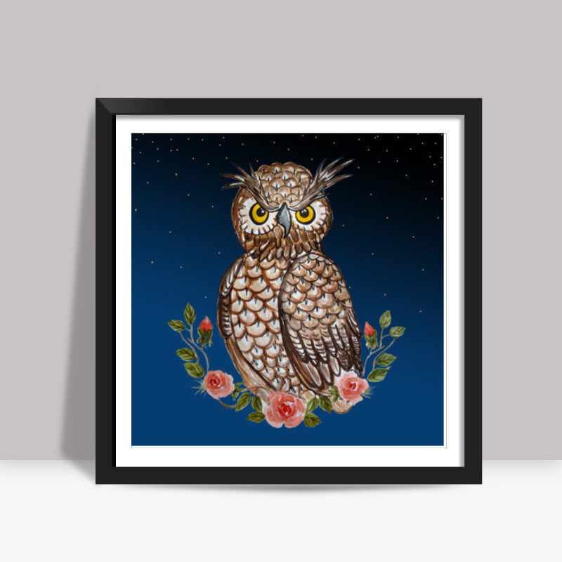 Night Owl Cartoon Bird Painting Illustration  Square Art Prints