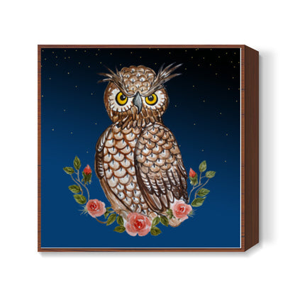 Night Owl Cartoon Bird Painting Illustration  Square Art Prints