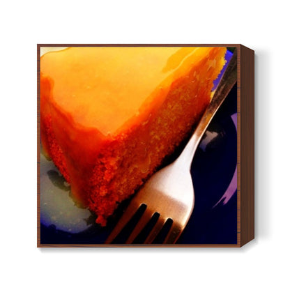 Lemon cake with icing on a colourful plate Square Art Prints