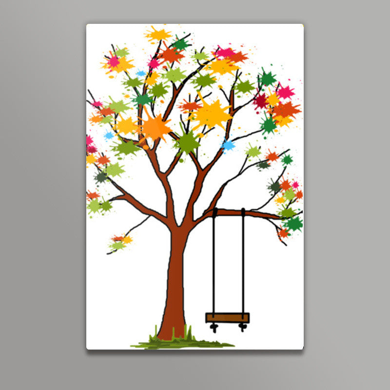 Colorful Spring Tree With Swing Wall Art