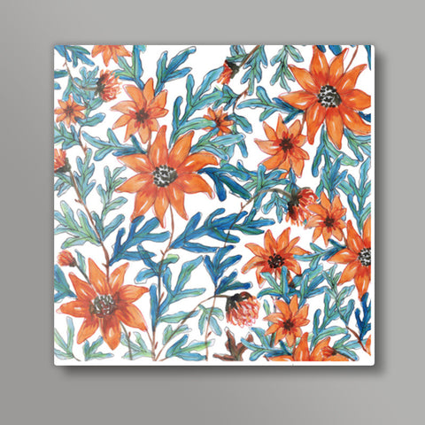 Watercolor Painted Orange Flowers Elegant Spring Garden Floral Background  Square Art Prints