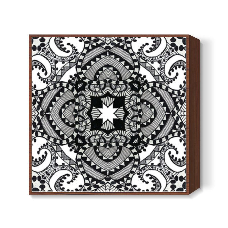 Black And White Ethnic Ornate Decorative Doodle Background Square Art Prints