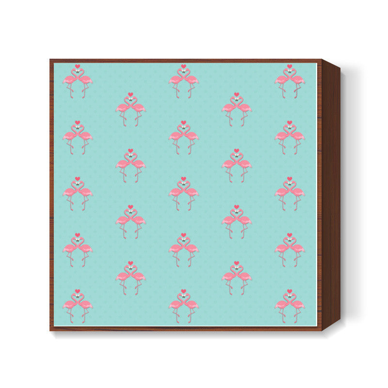 Blue - Dots with Flamingo  Square Art Prints