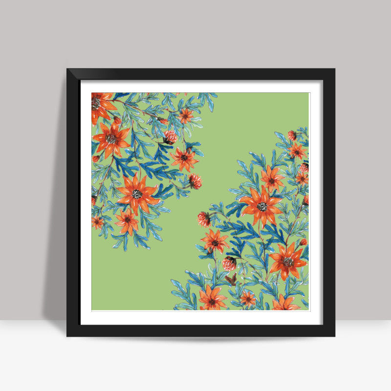 Elegant Floral Blooms Painting Lime Green Nature Decor Illustration Square Art Prints