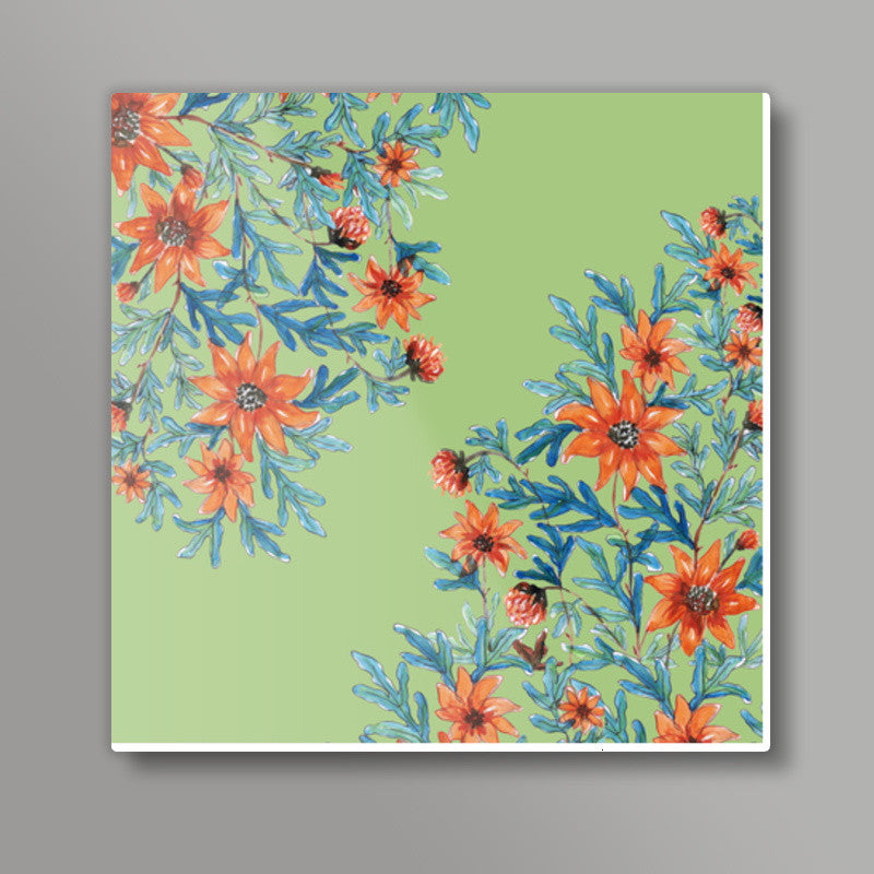 Elegant Floral Blooms Painting Lime Green Nature Decor Illustration Square Art Prints