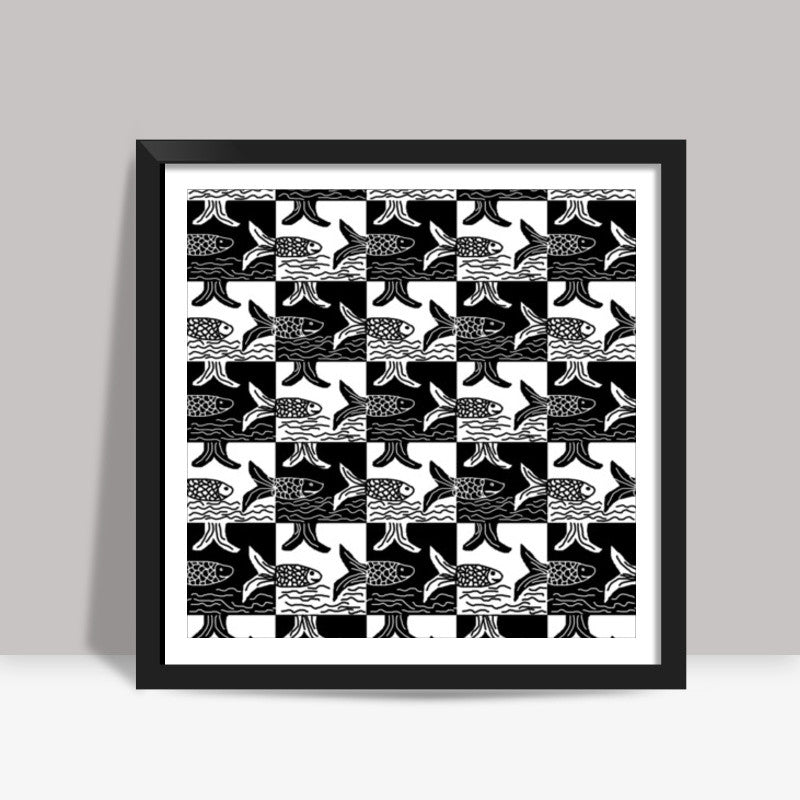 Tribal Black And White Checkered Fish Pattern Square Art Prints