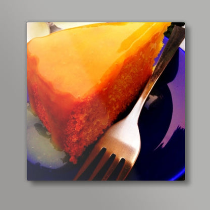 Lemon cake with icing on a colourful plate Square Art Prints