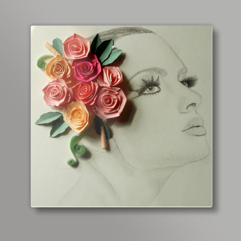 Floral crown girl Square Art Prints