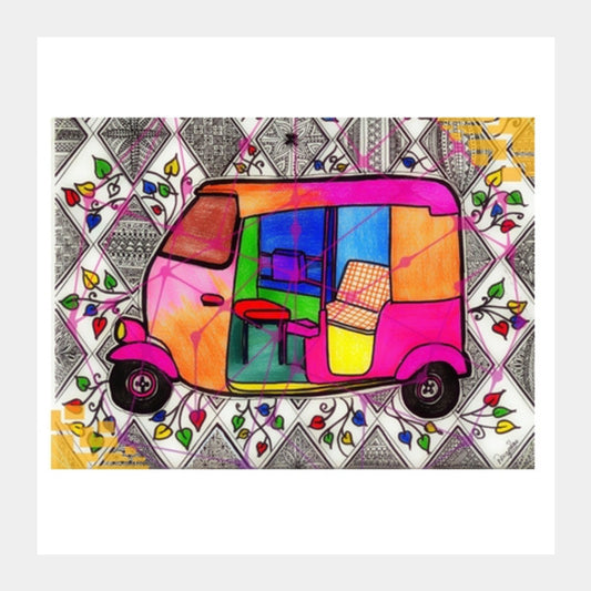 Square Art Prints, Indian Rickshaw Square art print Square Art Prints