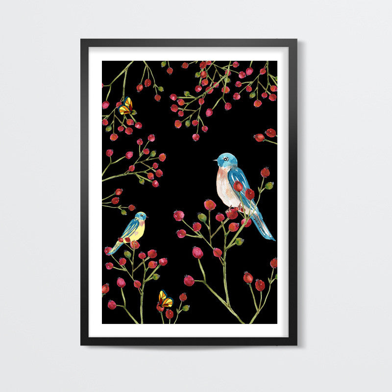 Winter Red Berries And Birds Nature Decor Nursery Print Wall Art