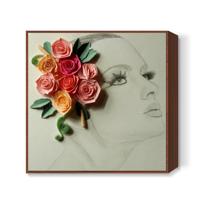 Floral crown girl Square Art Prints