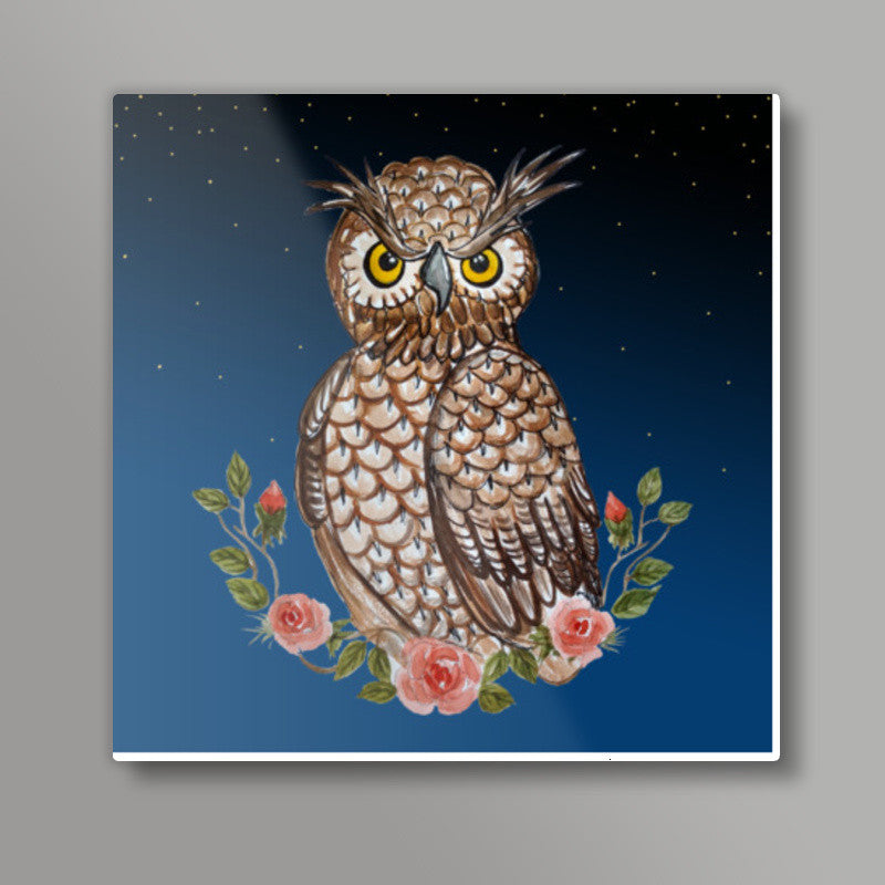 Night Owl Cartoon Bird Painting Illustration  Square Art Prints